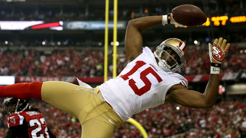 Michael Crabtree of the 49ers is unable to come down in bounds in the end zone.
