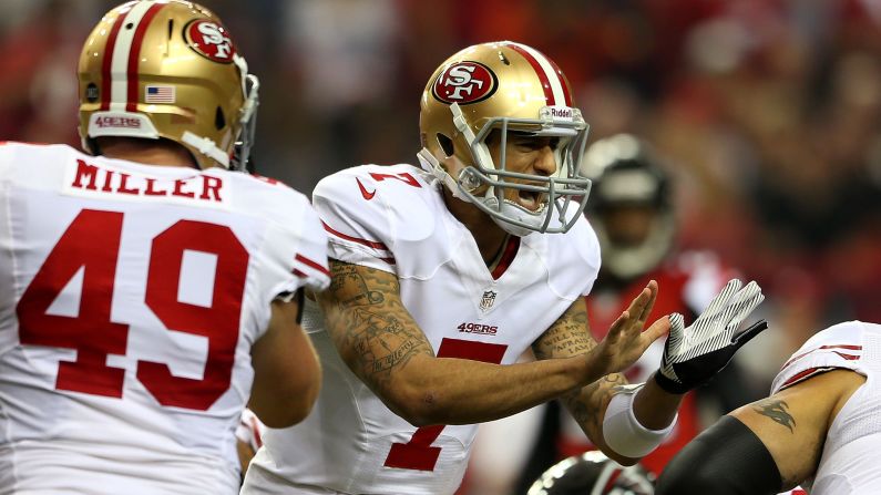 San Francisco quarterback Colin Kaepernick yells out during Sunday's game against the Atlanta Falcons.