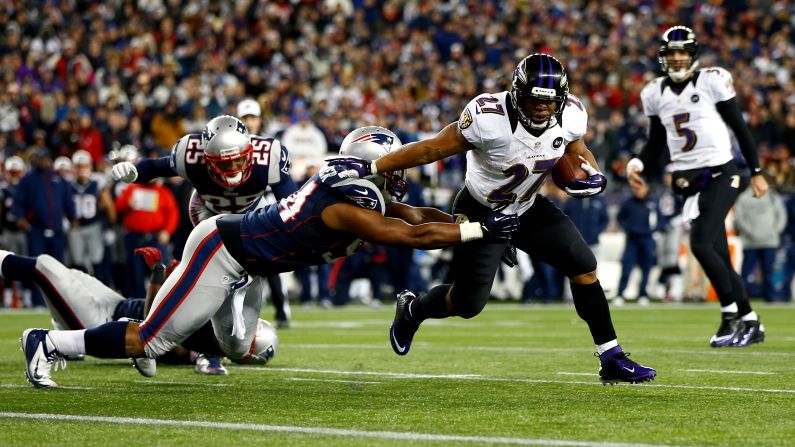 Ray Rice of the Baltimore Ravens scores a touchdown in the second quarter against the New England Patriots during the AFC Championship game at Gillette Stadium in Foxboro, Massachusetts, on Sunday, January 20.