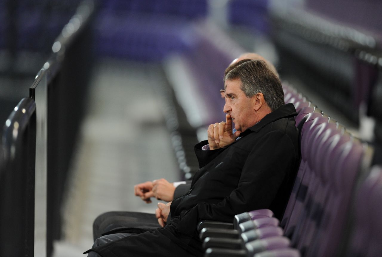 In April 2012, Mbemba was sent back to the Congo, but by August 2012 he was back at Anderlecht when he was given a three-year professional contract. Anderlecht's general manager Herman van Holsbeeck is pictured here sitting in the club's stadium watching a first-team training session.