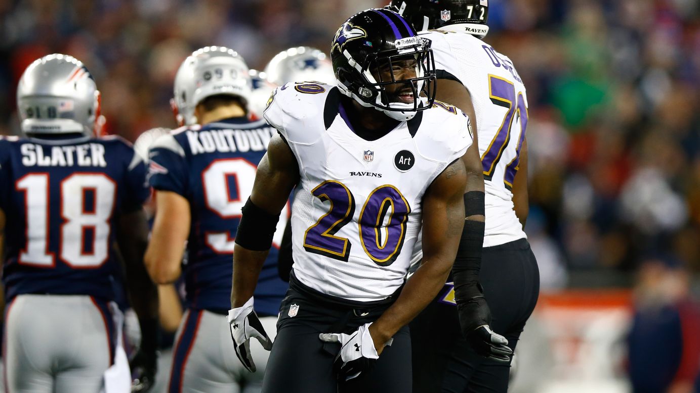 Ed Reed of the Baltimore Ravens celebrates after a play against the New England Patriots.
