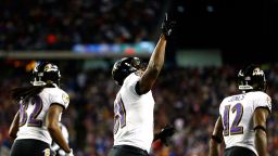 Anquan Boldin of the Baltimore Ravens celebrates with his teammates after scoring his second touchdown in the fourth quarter against the New England Patriots during the AFC Championship game at Gillette Stadium in Foxboro, Massachusetts, on Sunday, January 20.