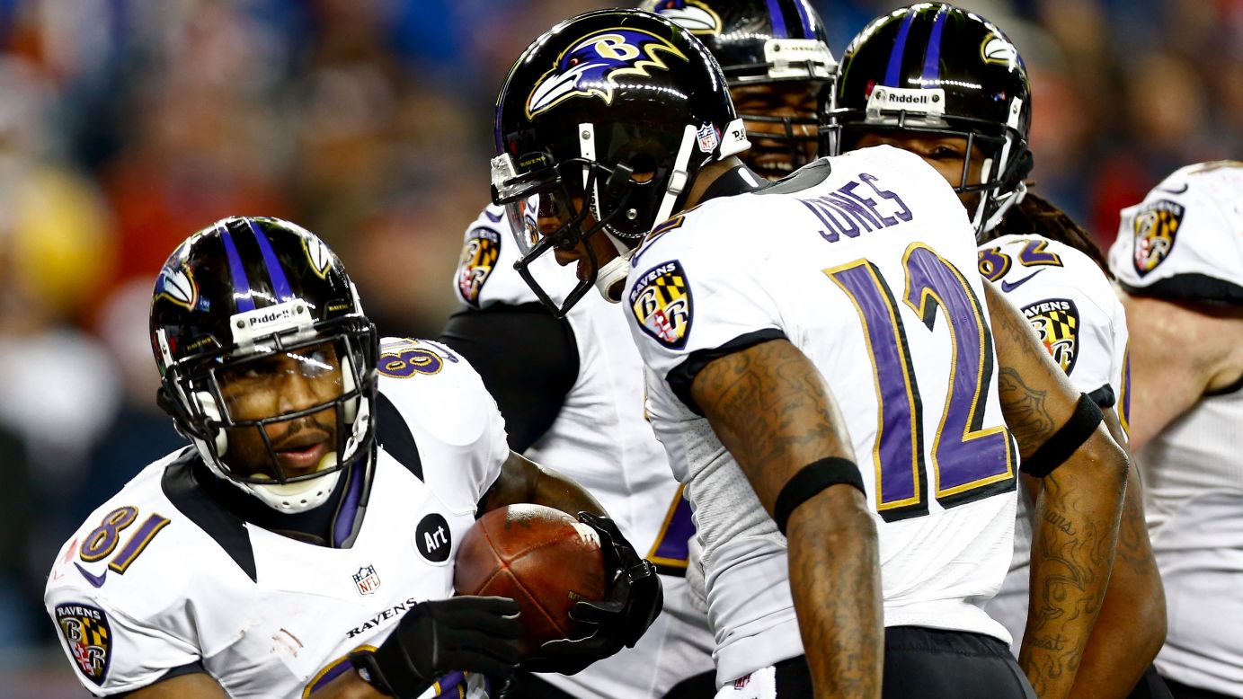 Anquan Boldin of the Baltimore Ravens, left, celebrates with teammate Jacoby Jones after scoring a touchdown. 