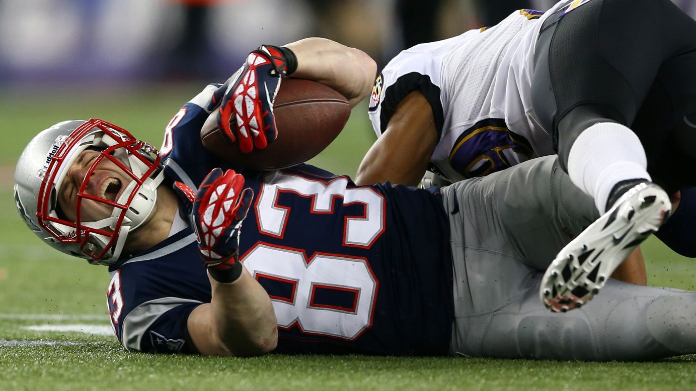 Wes Welker of the New England Patriots reacts after a play during the game against the Baltimore Ravens.