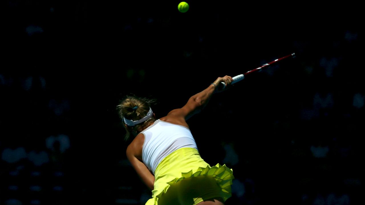 Caroline Wozniacki serves in her January 21 match against Svetlana Kuznetsova.