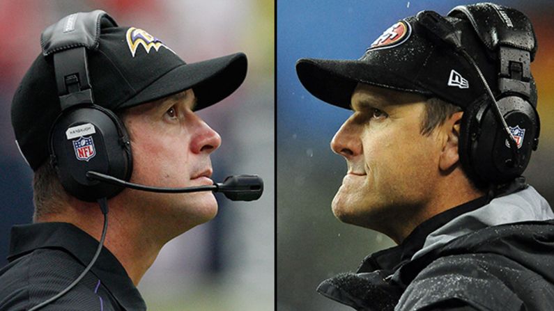 John Harbaugh, left, and Jim Harbaugh became the first siblings to face each other as coaches in a major sports match-up on Super Bowl Sunday in 2013. Older brother John Harbaugh's Baltimore Ravens won over the San Francisco 49ers. 