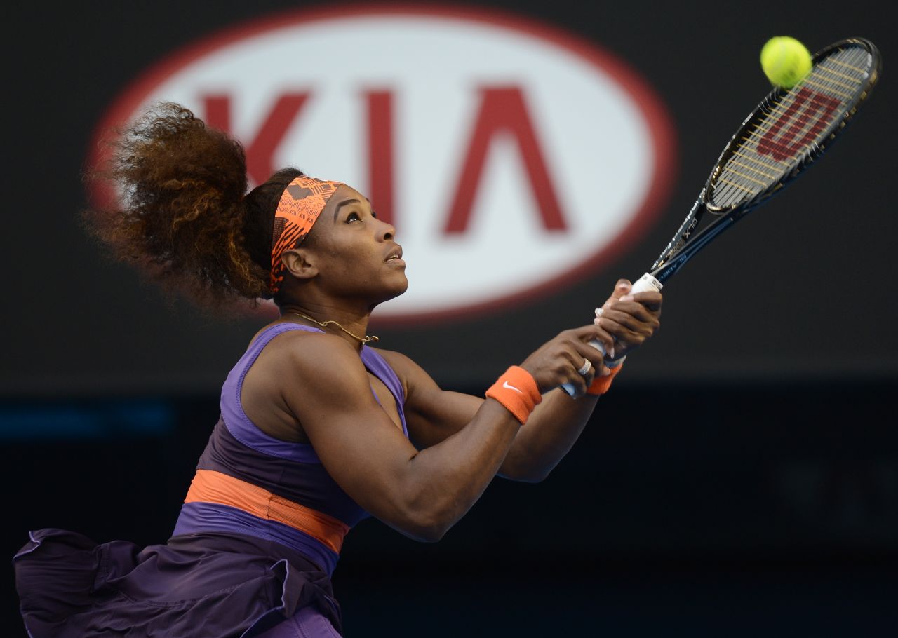 American Serena Williams hits a return against Russia's Maria Kirilenko during their women's singles match on Day Eight on Monday, January 21. Williams won 6-2, 6-0. 