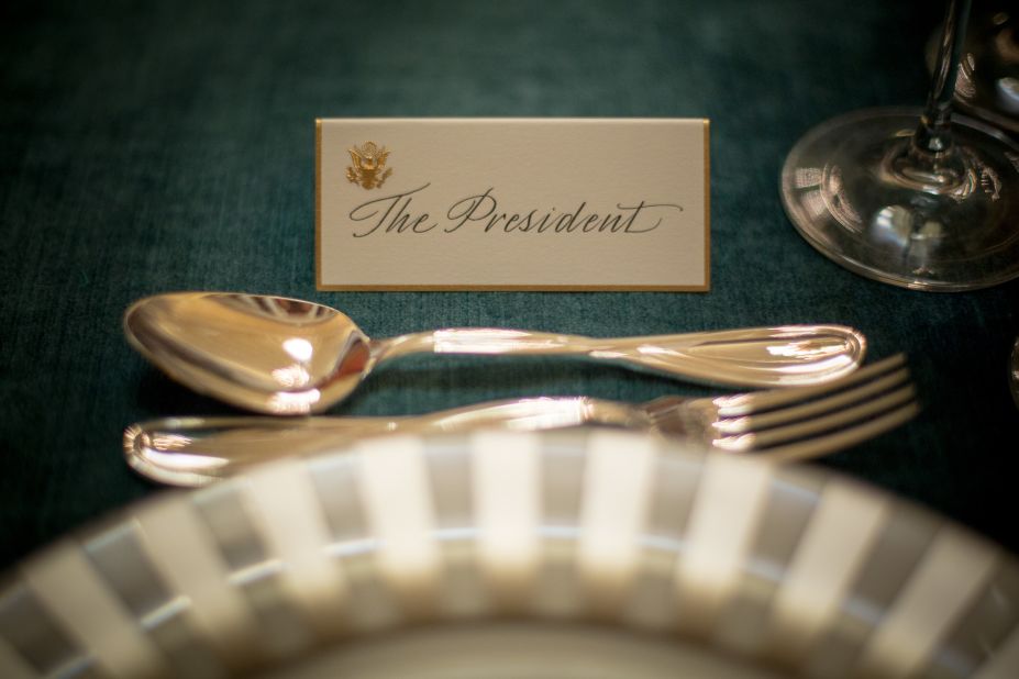A place card awaits President Barack Obama for Monday's inaugural luncheon in the Capitol's National Statuary Hall.