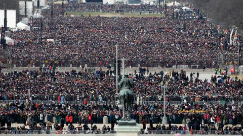 People gather for the presidential inauguration on the West Front of the U.S. Capitol on January 21.
