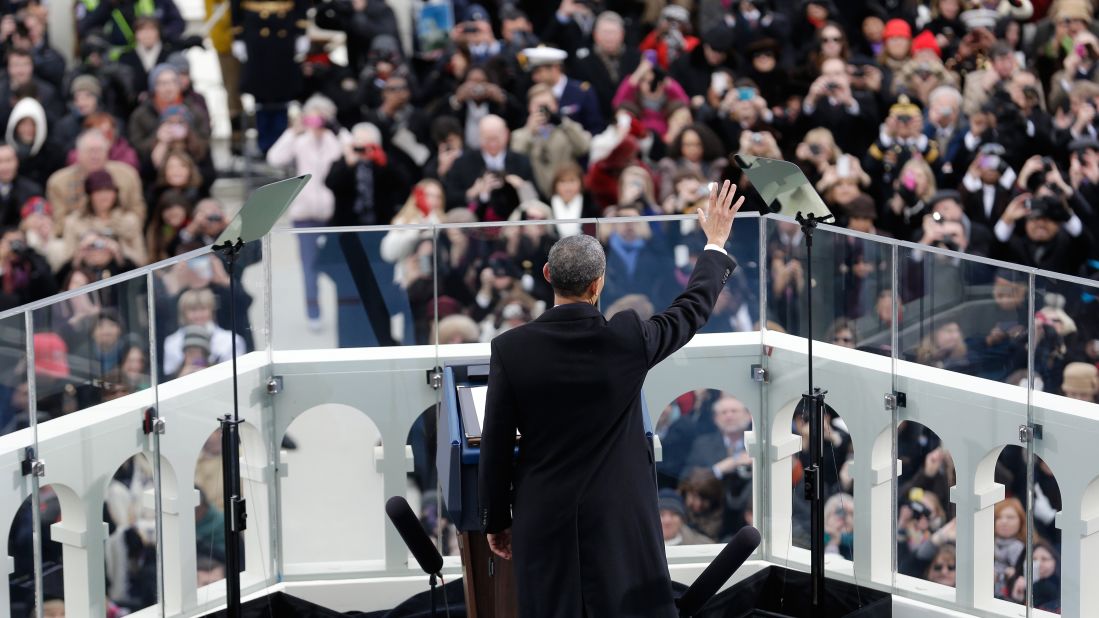 Obama waves during the public ceremonial inauguration on January 21.