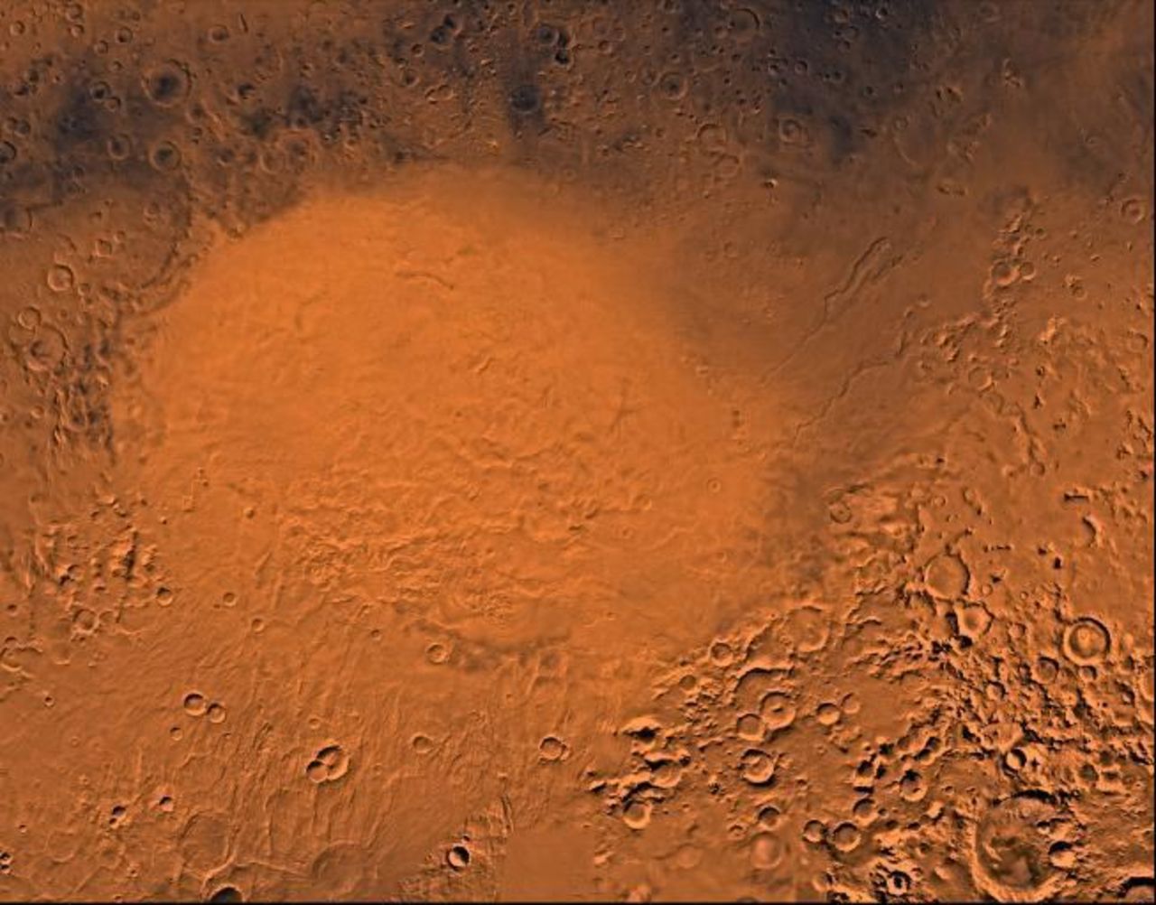 This shows the impact of a projectile, probably an asteroid, on Mars -- the 1,117- mile-diameter Hellas Basin, the largest basin on the planet.
