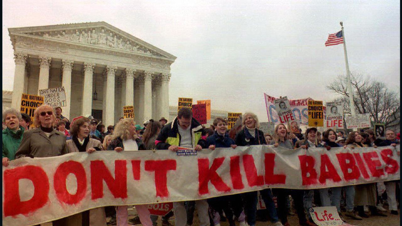 Demonstrators chant in front of the U.S. Supreme Court in this January 1993 file photo during the Right-to-Life March.