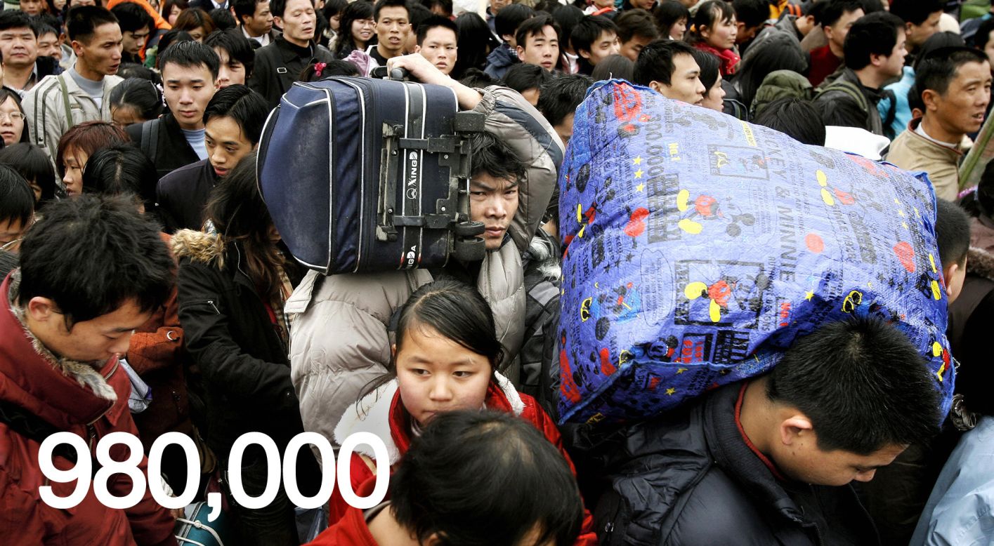 The national government estimates 7 million people will take trains on the peak travel days of February 6 and 7. In the capital, Beijing, 980,000 people are expected to use train services on each of those two days.