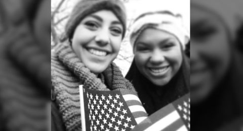 George Washington University freshmen Marissa Salgado (marissa_salgado), left, and Bethany Thomas (@bethanythomass) were up since 4 a.m. Monday, "because we were so excited about the inauguration and wanted to make sure we had a great view. It paid off! We were as close as you could get without having tickets."