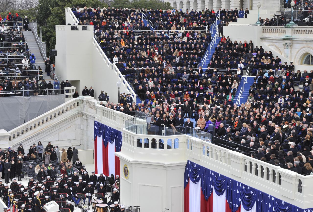 President Barack Obama delivers his inaugural address January 21. A flag-waving crowd was noticeably smaller than those who turned out four years ago, but it still packed the National Mall for blocks.