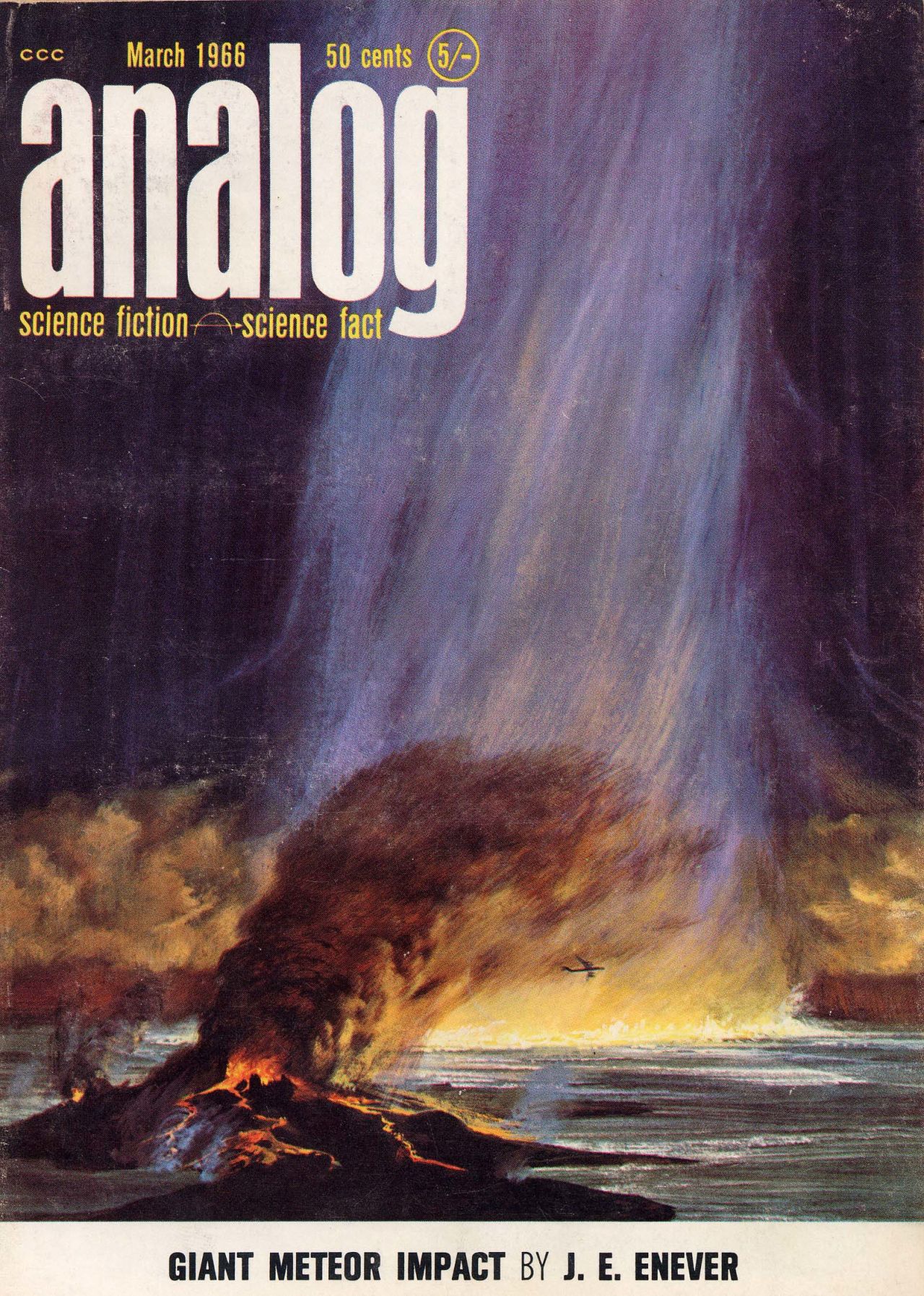 The March 1966 cover of Analog Science Fiction/Science Fact featured an illustration of a meteor hitting Earth. J.E. Enever published his ground-breaking article, "Giant Meteor Impact," in this issue, detailing what such strikes could do, and have done, to our planet. His vivid prose and terrifying physics woke scientists up to the potential of huge space boulders slamming into the Earth.
