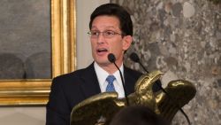 WASHINGTON, DC - JANUARY 21:  US Republican Representative and House Majority Leader Eric Cantor (R) of Virginia addresses US President Barack Obama attend the Inaugural Luncheon in Statuary Hall on Inauguration day at the U.S. Capitol building January 21, 2013 in Washington D.C. President Barack Obama and Vice President Joe Biden were ceremonially sworn in for their second term today. (Photo by Matt  Cavanaugh-Pool/Getty Images)