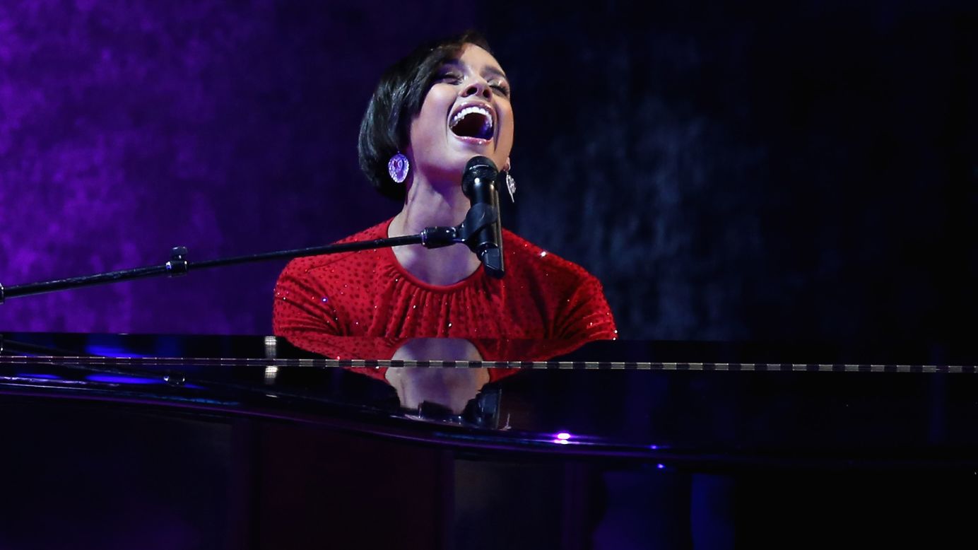 Alicia Keys performs during the Commander-In-Chief's Ball. She sang a twist on her hit song "Girl on Fire," changing the lyrics to "Obama's on fire."