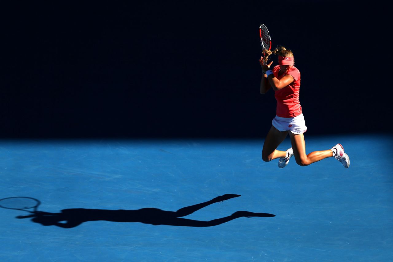 Makarova goes airborne in her match against Sharapova on January 22.