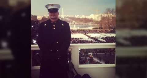 Gunnery Sgt. Bradley Chrisman was chosen to escort inaugural VIPs onto the platform. "It is such an honor," said his wife, Renee Chrisman (@reneechrisman), who was at home with their children in North Carolina watching the festivities on TV.  They caught a glimpse of him standing near the president. 