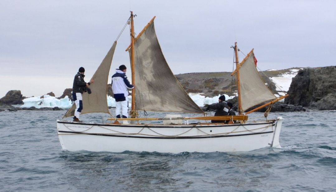 The replica is called the <em>Alexandra Shackleton</em>, named after Ernest Shackleton's granddaughter. Here the crew is seen testing the waters in Admiralty Bay, on the southern coast of Antarctic King George Island. 