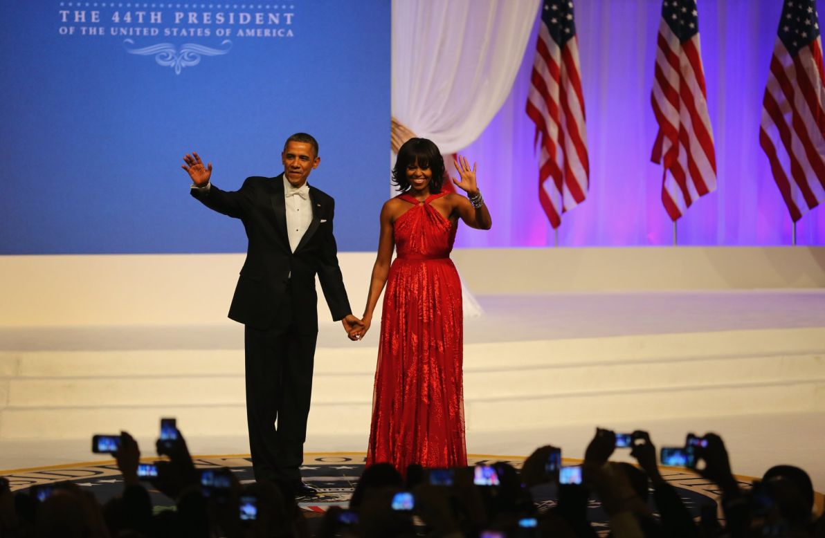 President Obama and the first lady greet the crowd at the Inaugural Ball.