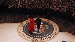 President Barack Obama and first lady Michelle Obama head out for their first dance together at the Commander-in-Chief's Ball, honoring U.S. service members and their families, at the Walter E. Washington Convention Center on Monday, January 21.