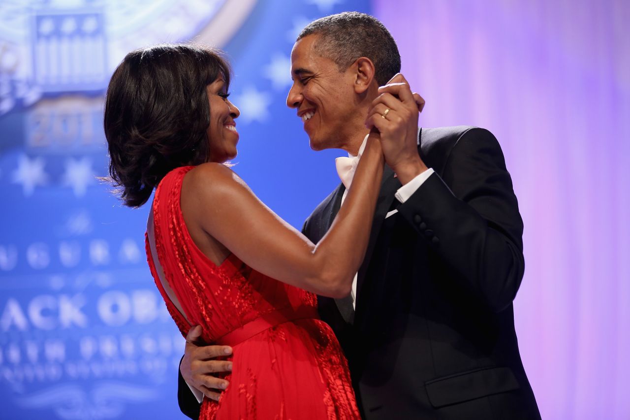 The president and first lady share a moment during the Commander-in-Chief's Ball on January 21.