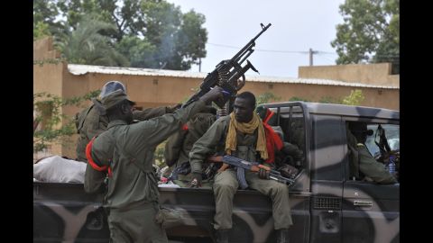 Malian soldiers patrol Diabaly on January 22. 