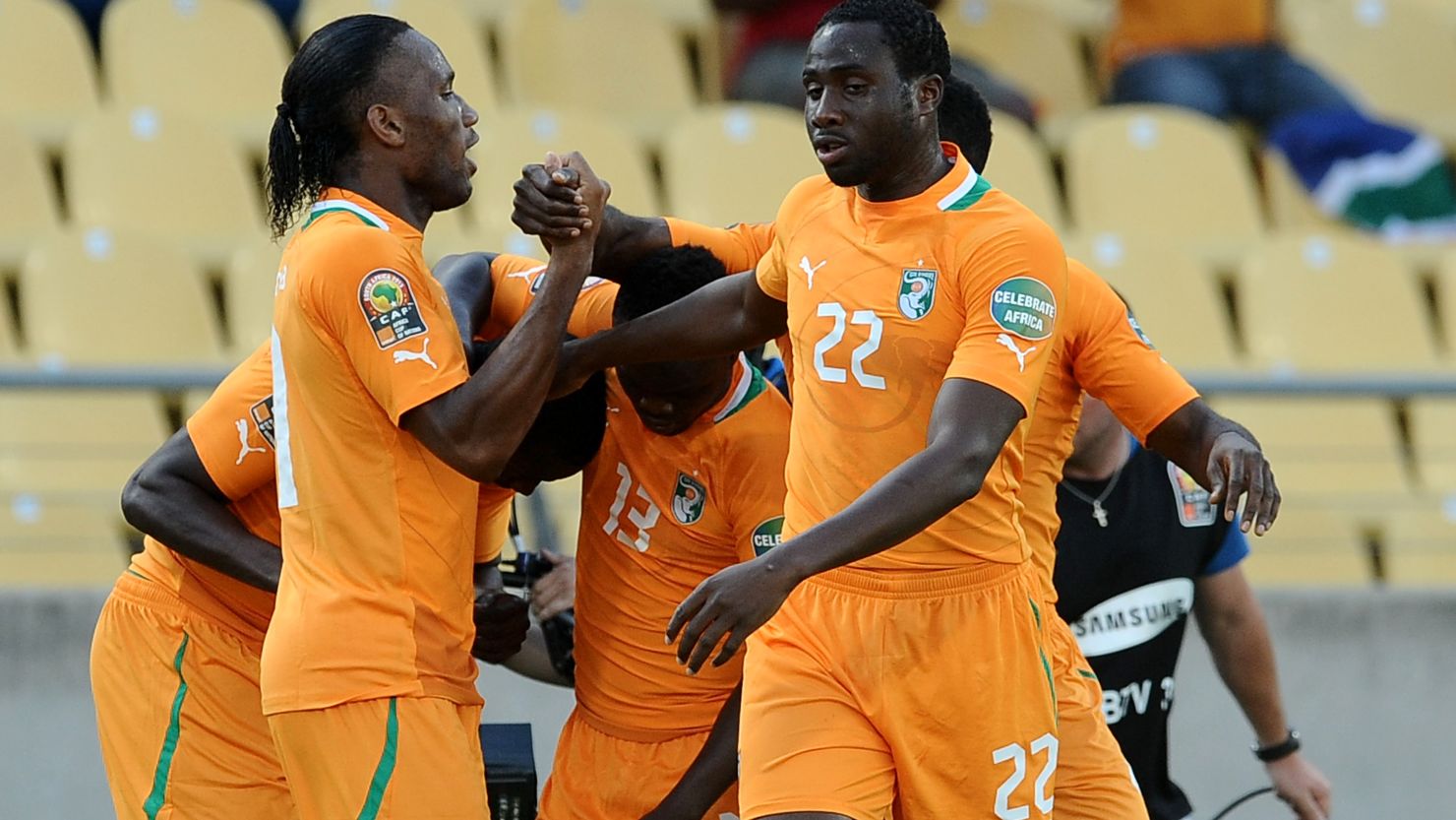 Ivory Coast players celebrate their opening goal during Tuesday's 2-1 win over Togo in Rustenburg.