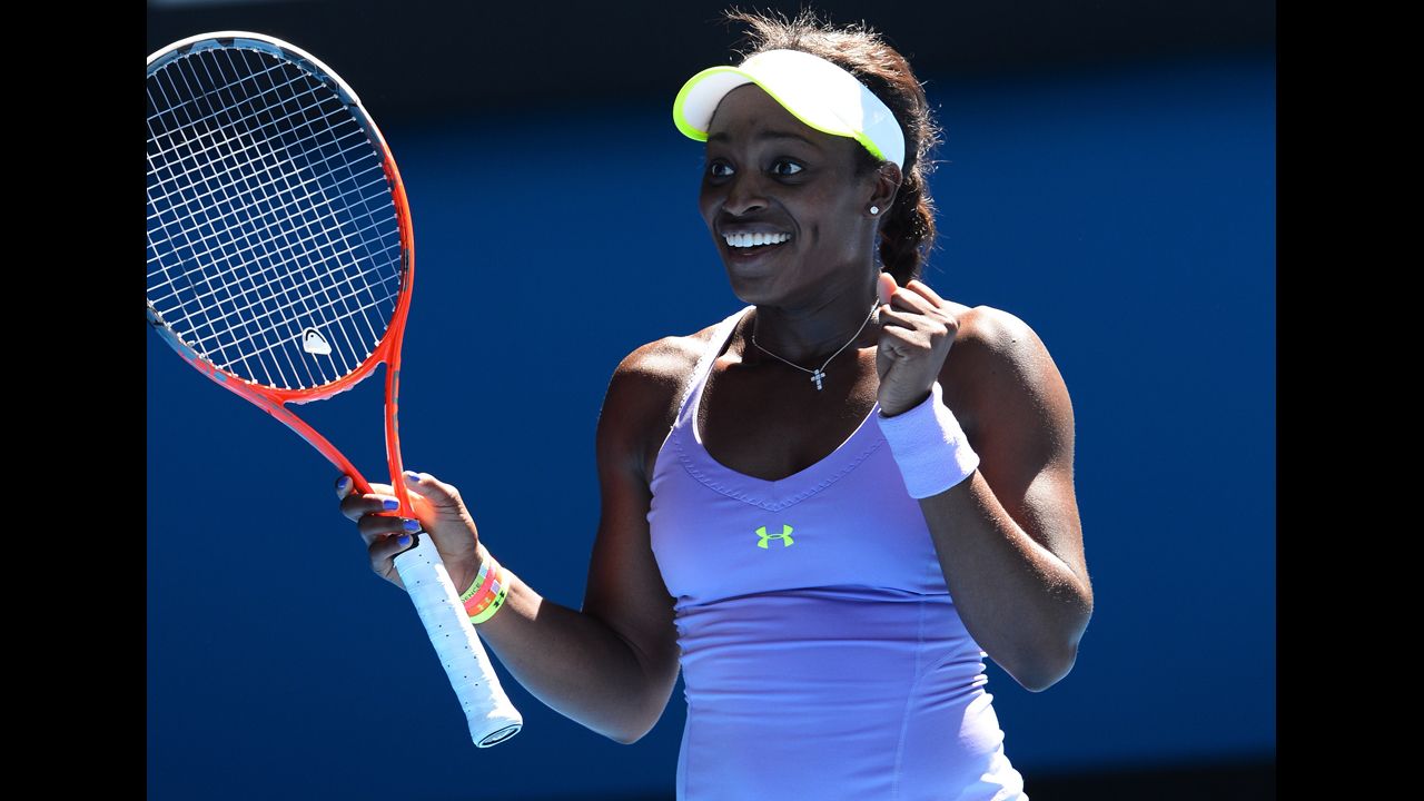 Sloane Stephens of the U.S. celebrates after beating compatriot Serena Williams, who was favored to win the tournament, during their women's singles match on Day 10 of the 2013 Australian Open in Melbourne on Wednesday, January 23. Stephens won 3-6, 7-5, 6-4. 