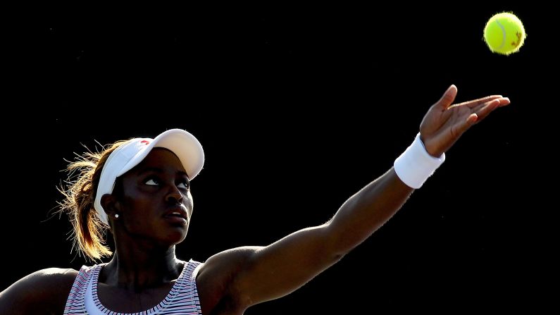 Stephens serves to Sara Errani of Italy during the Sony Ericsson Open in Key Biscayne, Florida, on March 22, 2012.