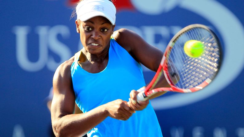 Stephens returns a shot against Reka-Luca Jani of Hungary on the second day of the 2011 U.S. Open. Stephens outlasted Jani for a 6-2, 3-6, 7-6 (3) victory, her first win in a major tournament. It earned her a spot as the youngest player in the Women's Tennis Association's top 100.