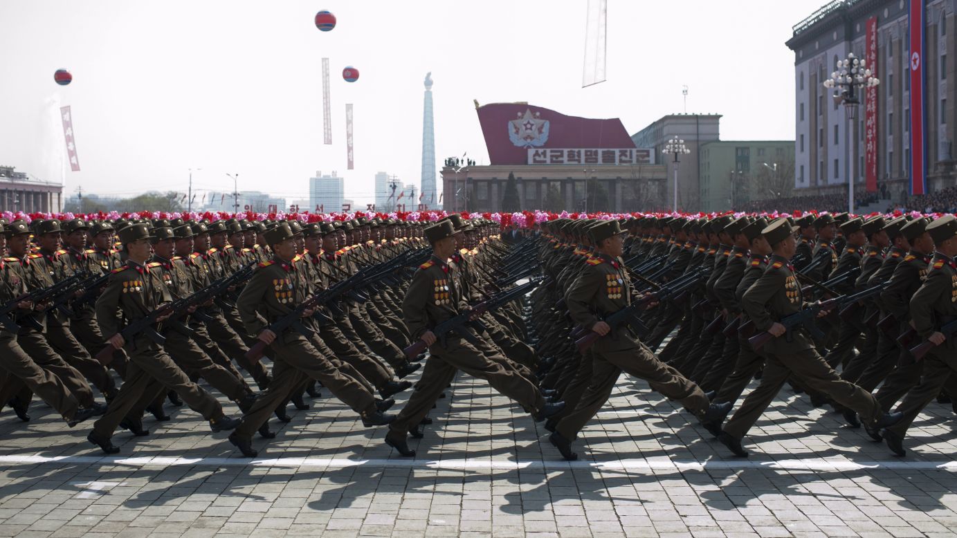 North Korean soldiers march during a military parade in Pyongyang in April 2012.