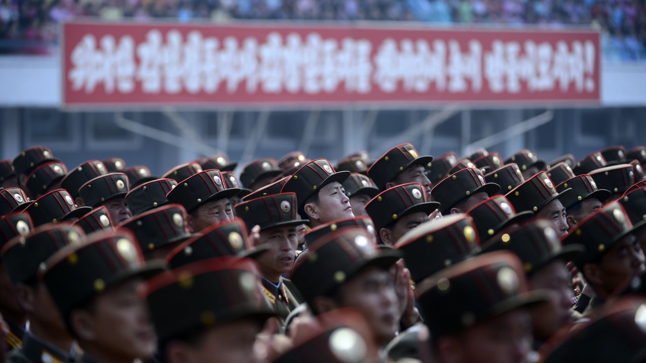 North Korean soldiers listen to a speech during an official ceremony attended by leader Kim Jong Un at a stadium in Pyongyang in April 2012.