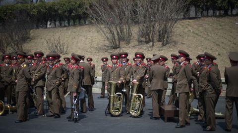 Members of a North Korean military band gather following an official ceremony at the Kim Il Sung stadium in Pyongyang in April 2012.
