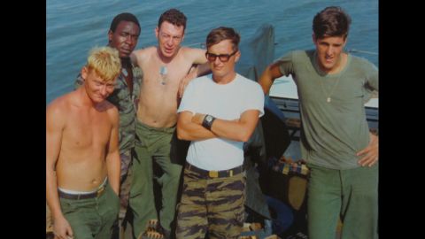 Kerry with other military personnel in an unspecified location in the 1960s. During his naval service in the Vietnam War, Kerry was awarded the Bronze Star for saving the life of a serviceman as an officer aboard a patrol boat in the Mekong Delta. In total, Kerry received a Silver Star, a Bronze Star with Combat V and three Purple Hearts for his service in combat. After he was awarded the Purple Hearts for minor injuries, Kerry's request for reassignment Stateside six months early was granted.