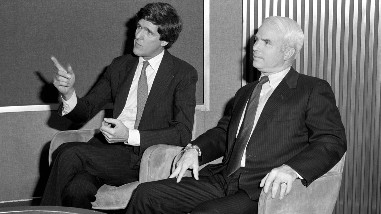 Kerry and Rep. John McCain appear on the TV program "Face The Nation" on April 21, 1985.