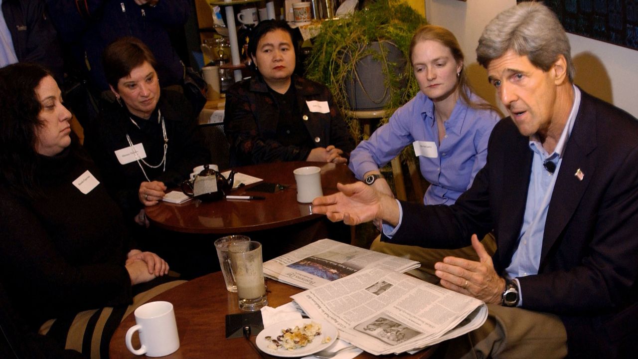Kerry speaks to local businesswomen on November 17, 2003, in Des Moines, Iowa.
