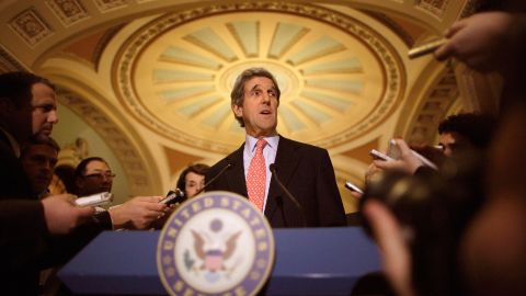 Kerry talks to reporters after a closed session about the new START Treaty, a ratification of a nuclear-arms treaty with Russia, in the Old Senate Chamber at the U.S. Capitol on December 20, 2010.