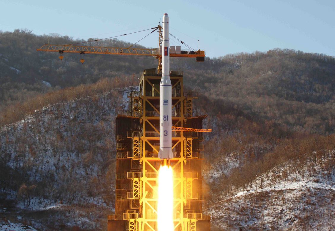 This picture from KCNA on December 12, 2012 shows the North Korean rocket Unha-3, carrying the satellite Kwangmyongsong-3, lifting off from the launching pad in North Korea.