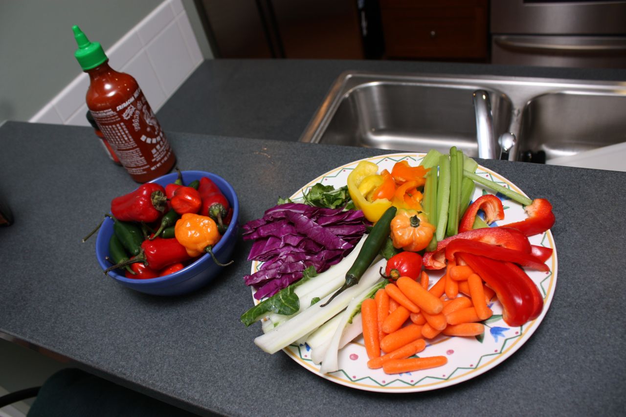 These days Jackson frequently eats carrots, celery, peppers, bok choy and cabbage. For flavor, she adds hot sauce.
