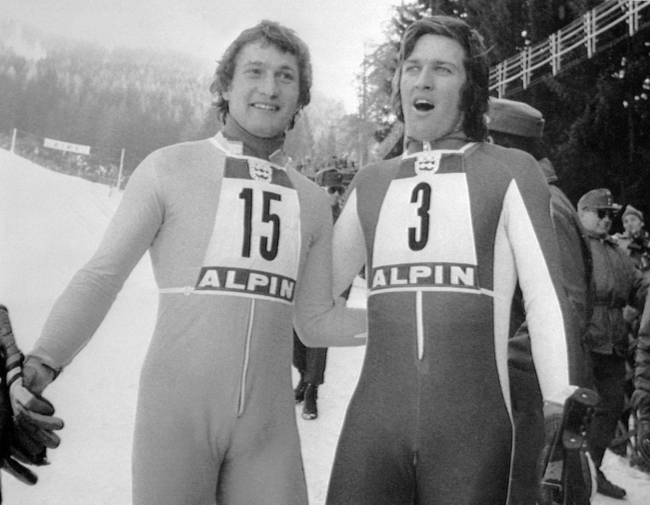 Franz Klammer (left) won gold in the 1976 Olympics in downhill with Bernhard Russi (right) in second place after a dramatic race in Innsbruck. 