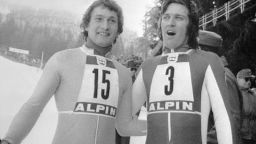 Franz Klammer (left) won gold in the 1976 Olympics in downhill with Bernhard Russi (right) in second place after a dramatic race in Innsbruck. 