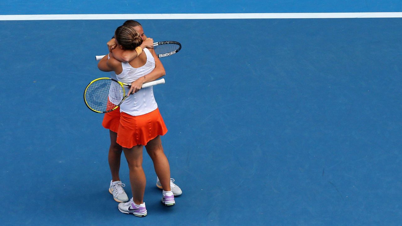 Sara Errani and Roberta Vinci of Italy celebrate winning their final doubles match against Ashleigh Barty and Casey Dellacqua of Australia on January 25.