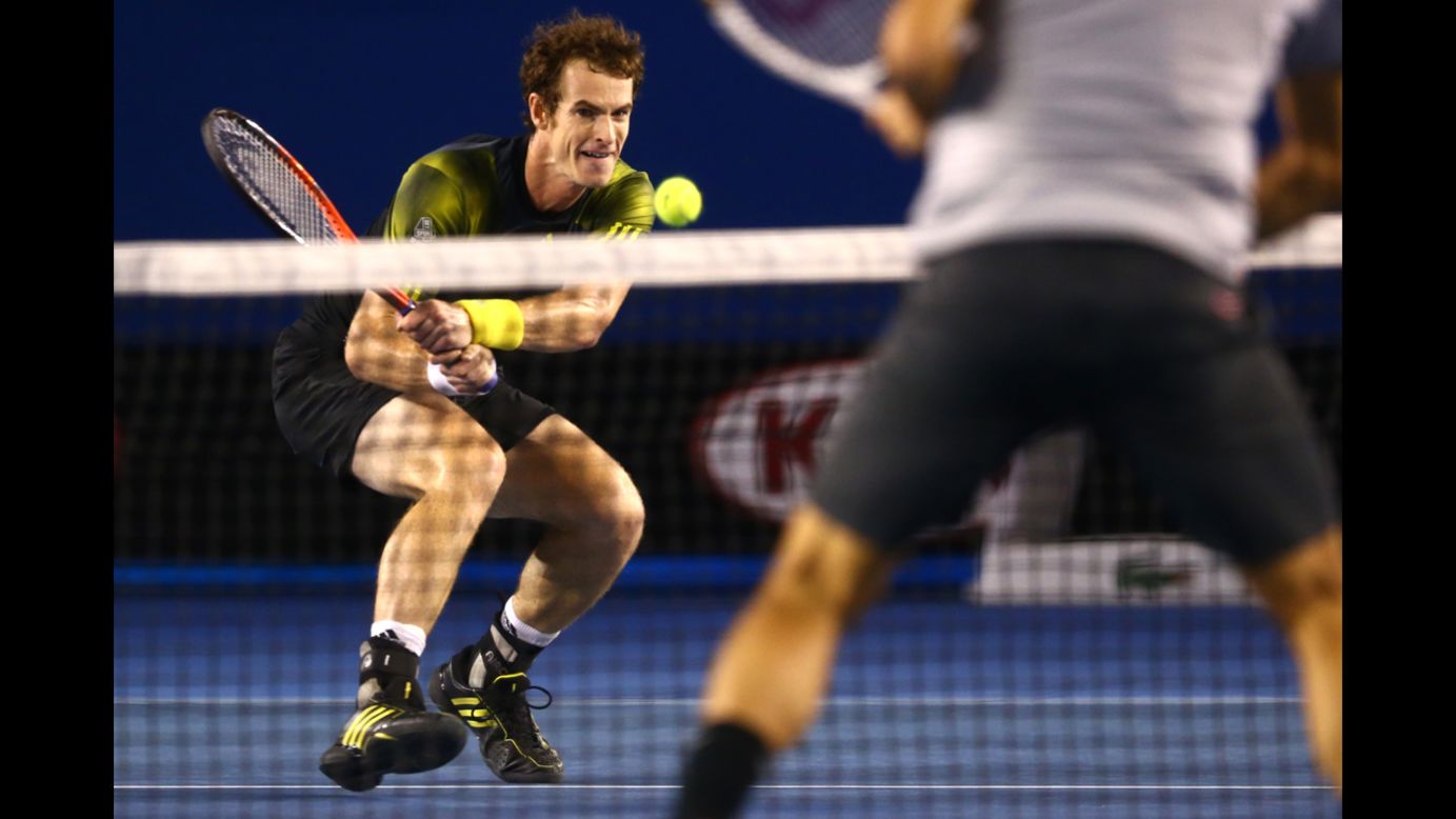 Andy Murray of Great Britain plays a backhand on January 25.