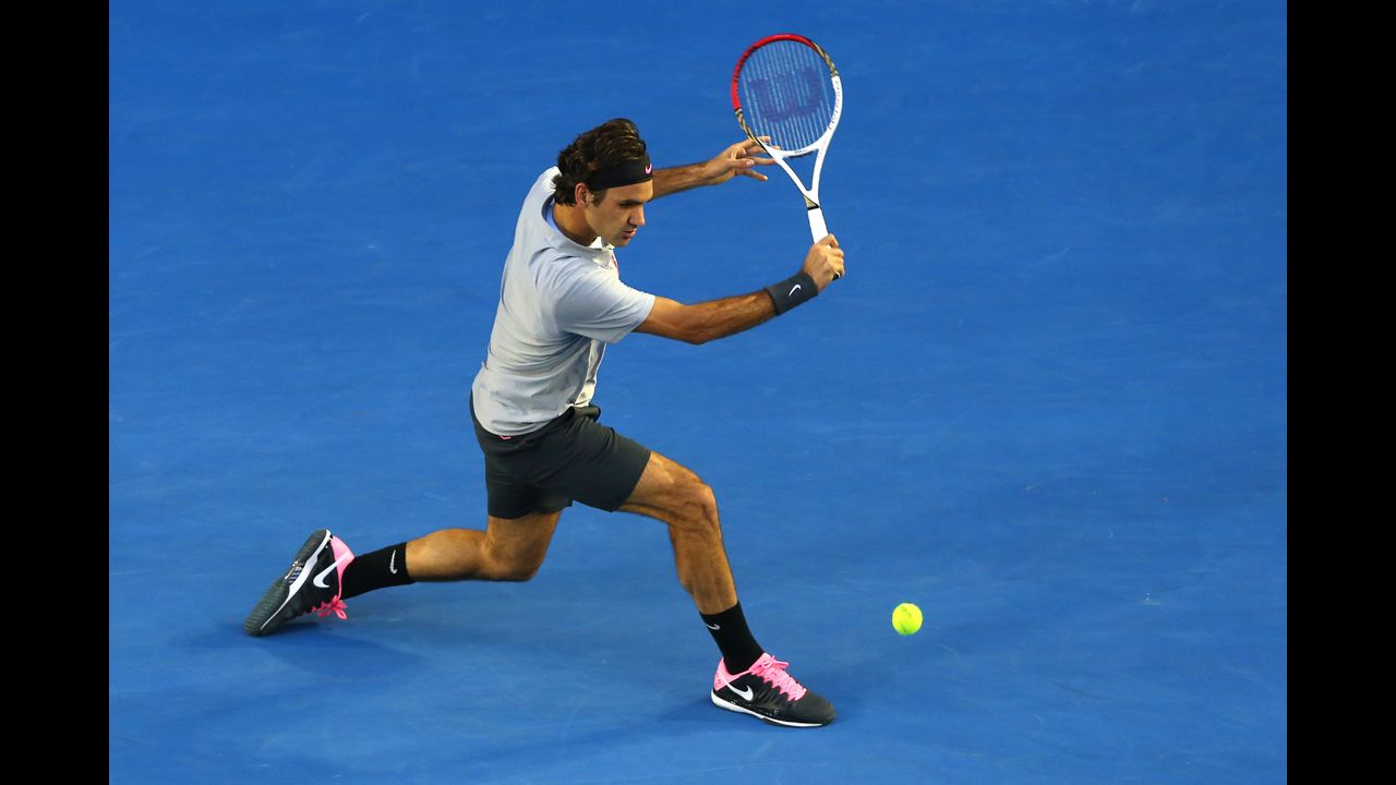 Roger Federer of Switzerland plays a backhand on January 25.