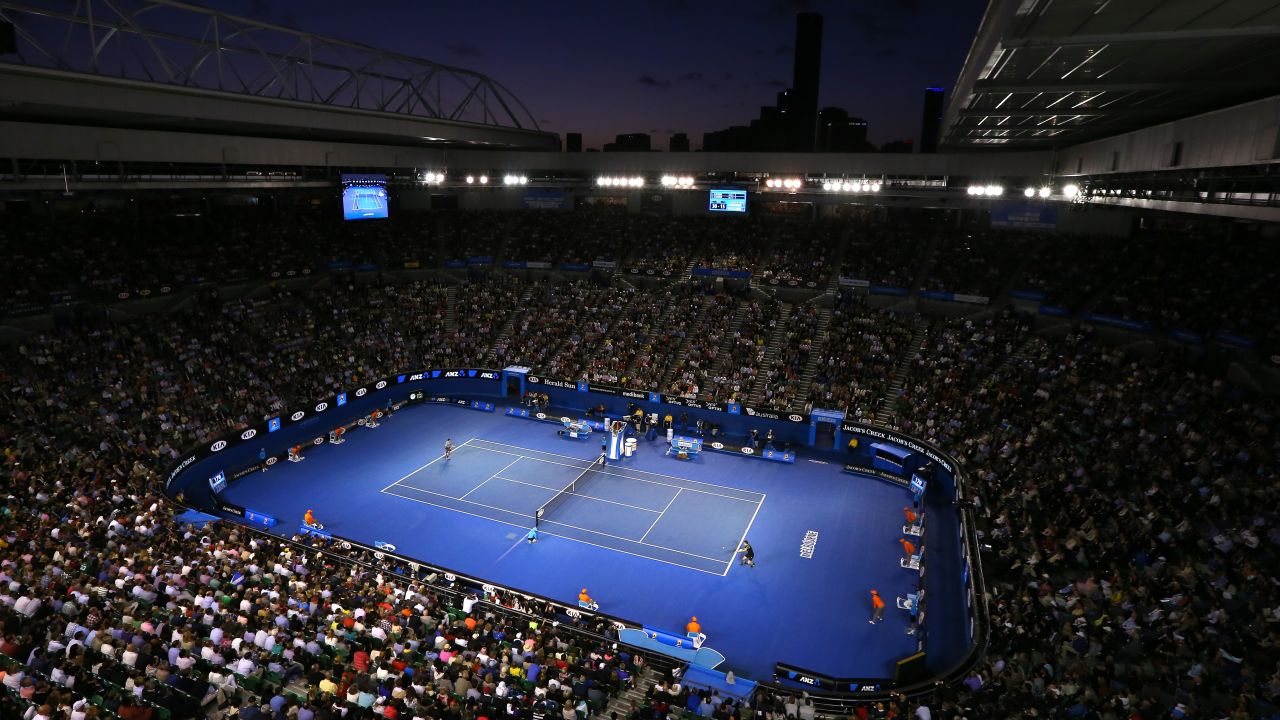 Andy Murray of Great Britain and Roger Federer of Switzerland play their semifinal match in Rod Laver Arena on January 25.