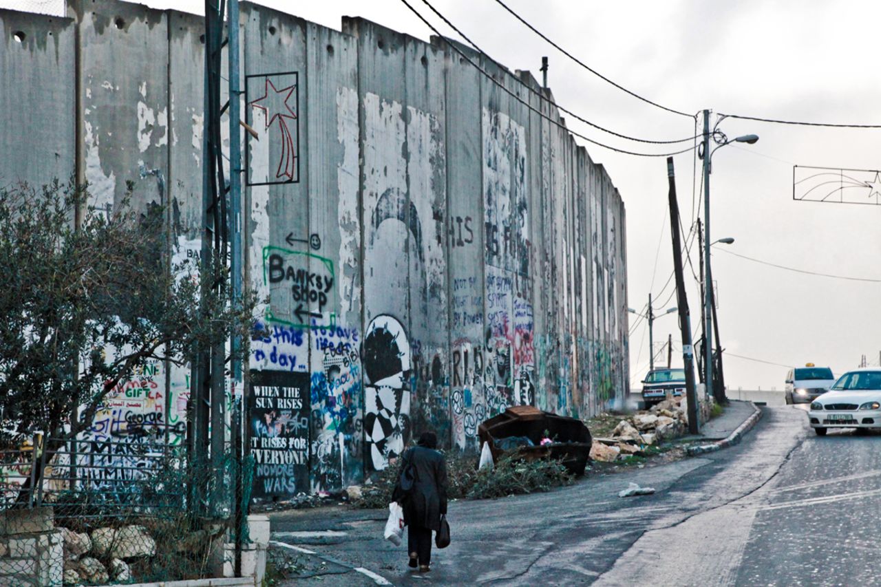 The "separation barrier" is covered with graffiti on the Bethlehem side of the wall.