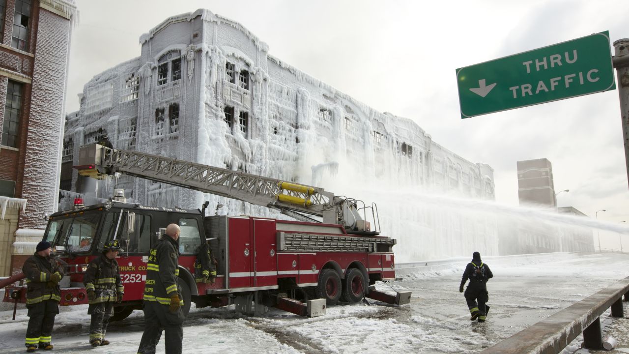 Firefighters battle a warehouse fire in Chicago on January 24.